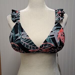 NWT Mermaid Bikini Top Womens L Black Tropical Print Ruffled Swim Bathing Beach